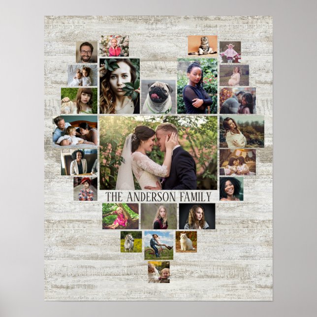 Family Photo Collage Name In Heart 25 Pics Wood Poster (Vorne)