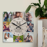 Family Photo Collage Rustic Farmhouse Monogram Quadratische Wanduhr<br><div class="desc">Celebrate your favorite memories with this Family Photo Collage Rustic Farmhouse Monogram Square Wall Clock. This rustic farmhouse design features a pale white vintage wood grain background inspired by farmhouse cottage wood planks, creating a warm and cozy look for your home. Personalize your family name, monogram initial, and established date...</div>