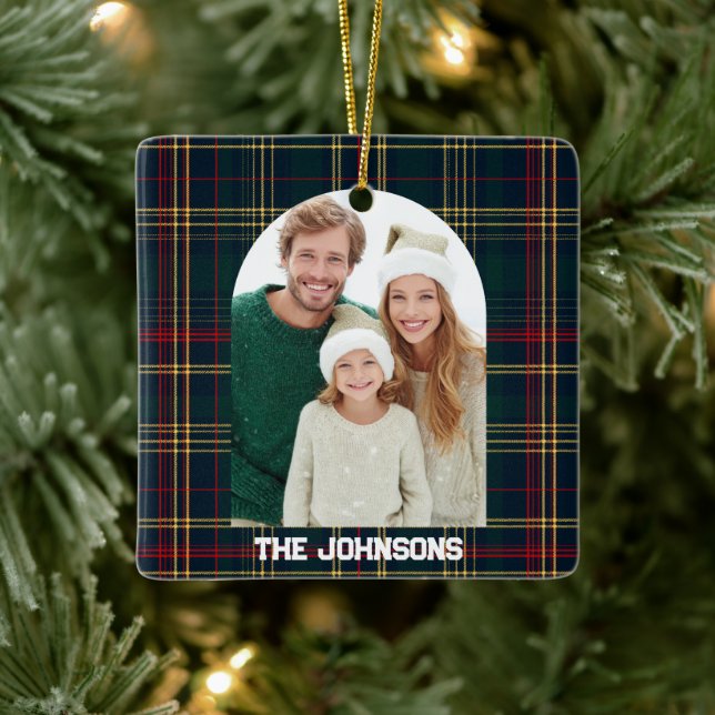 Family Photo Elegant Christmas Plaid Ornament (Baum)