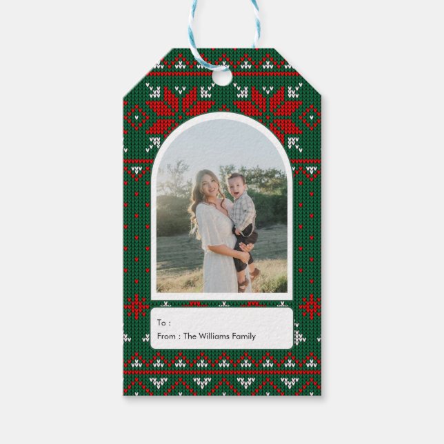 Family Photo Festive Knit Pattern Geschenkanhänger (Vorderseite)