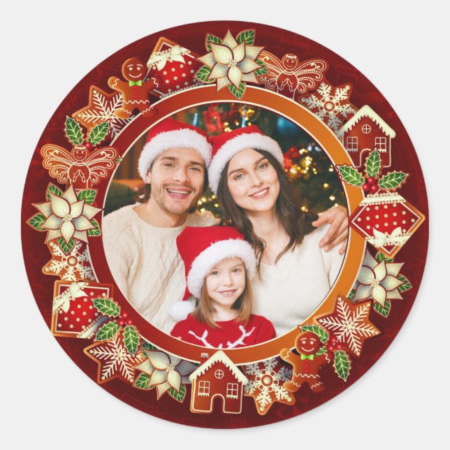 Family Photo, Gingerbread & Poinsettia Holiday Runder Aufkleber (Vorderseite)