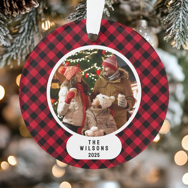 Family Photo Red and Black Buffalo Plaid Christmas (Photo Red and Black Buffalo Plaid Christmas Ornament)