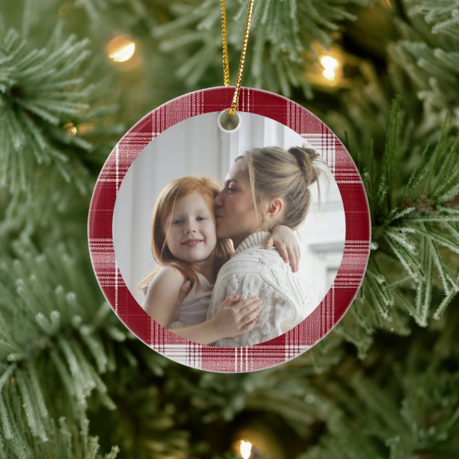 Family Photo Red Plaid Christmas Ornament (Baum)