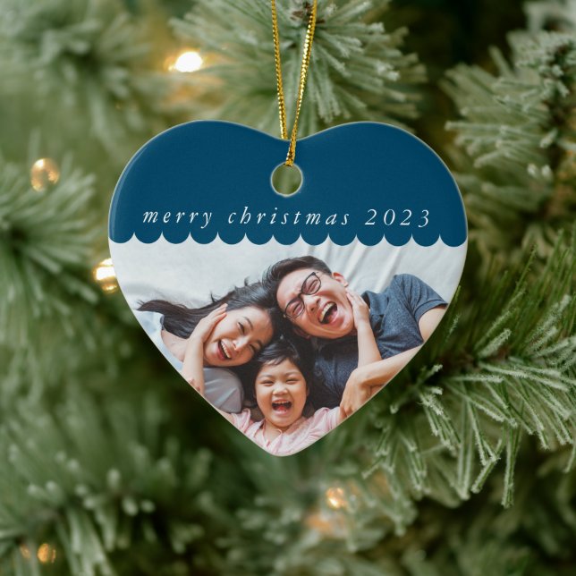 FAMILY PHOTO simple cute scallop edge blue Keramik Ornament (Baum)