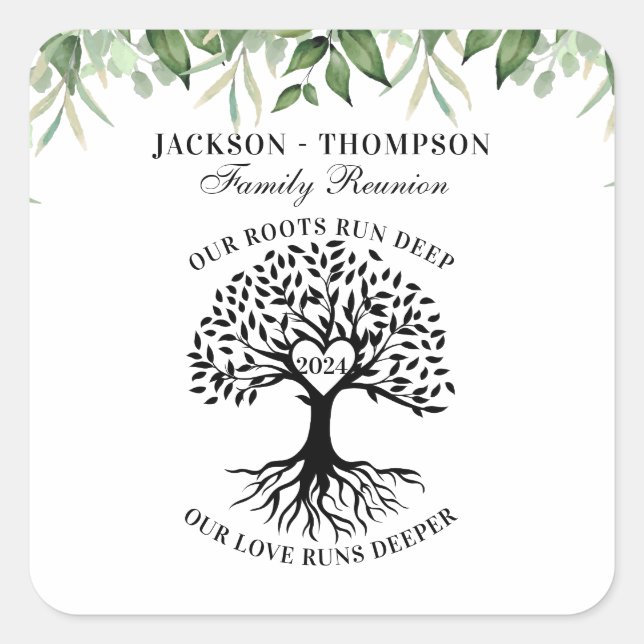 Family reunion tree greenery  quadratischer aufkleber (Vorderseite)