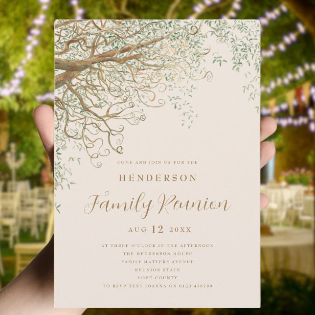 Family Tree Family Wiedersehen Einladung (Family tree family reunion summer party invitation Elegant modern script beige and brown)