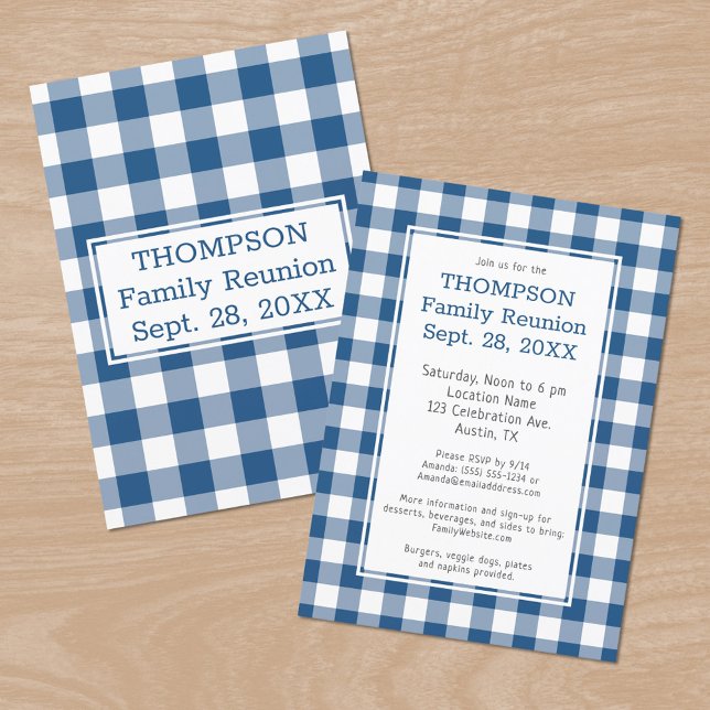 Family Wiedersehen Blue White Buffalo Karo Party Einladung (Family Reunion Blue White Buffalo Check Party Invitation, front/back)