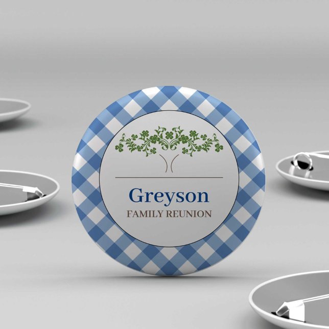 Family Wiedersehen Buttons Blue Gingham Theme (personalized family reunion buttons blue gingham print with tree and custom text.)