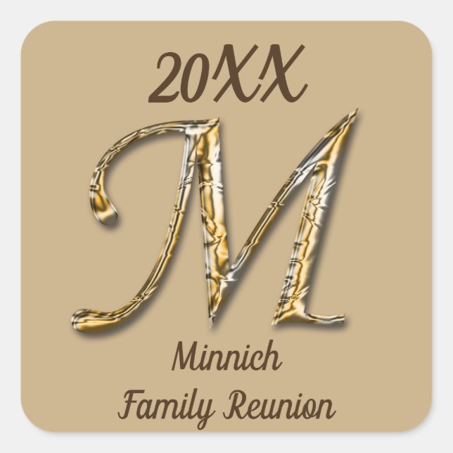 Family Wiedersehen Eleganter Gold Letter M Monogra Quadratischer Aufkleber (Vorderseite)