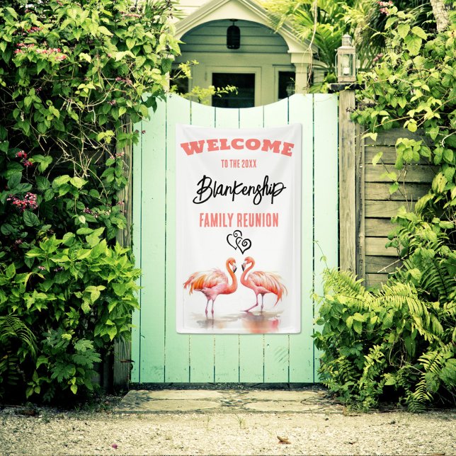 Family Wiedersehen Flamingo Art Custom Banner (Welcome family with a fun vertical format reunion banner featuring two colorful flamingos.
)