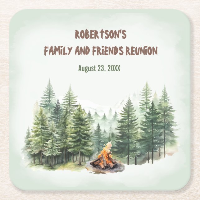 Family Wiedersehen Forest Campfire Green Rechteckiger Pappuntersetzer (Vorderseite)