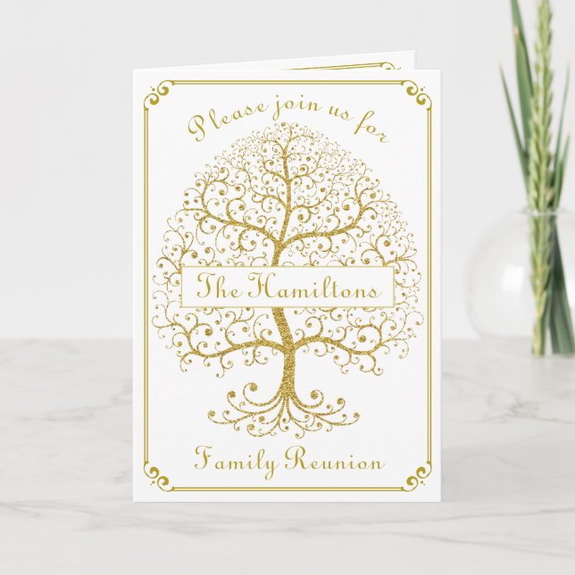 Family Wiedersehen Gold Tree Elegante Luxus Modern Einladung (Vorderseite)