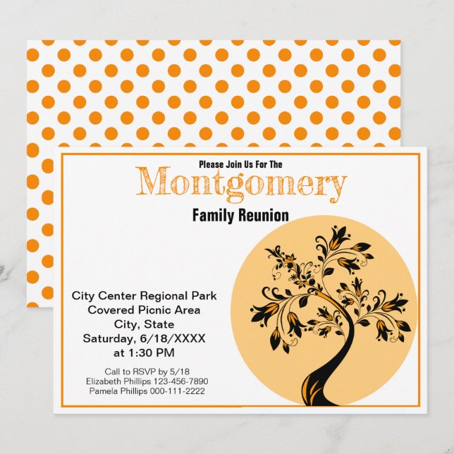 Family Wiedersehen Moderne Orange- und Black Tree  Einladung (Vorne/Hinten)
