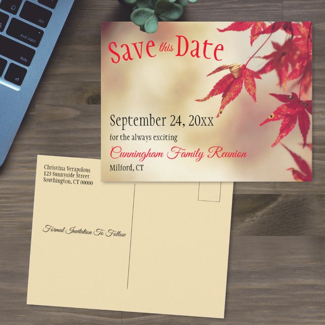 Family Wiedersehen Save the Date Fall Red Blätter  Postkarte (Von Creator hochgeladen)