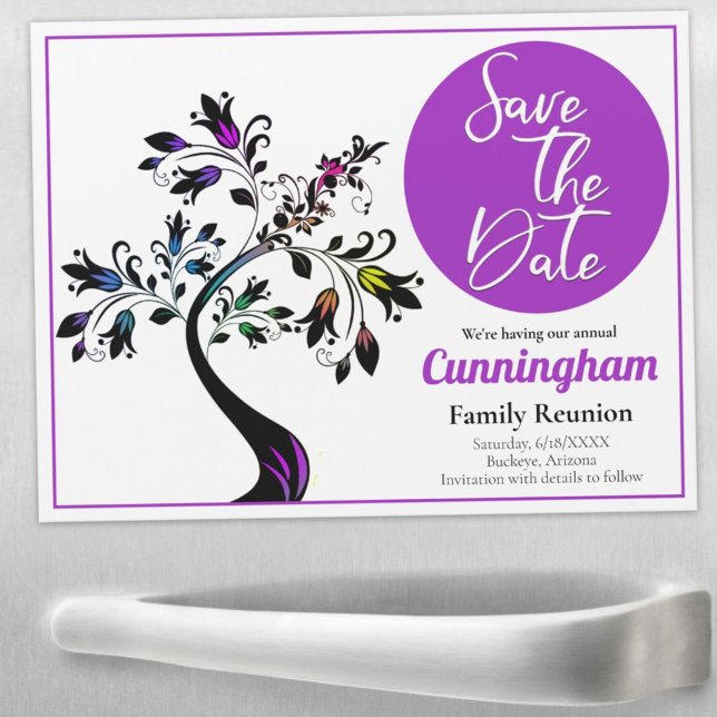 Family Wiedersehen Save the Date farbenfrohe Baumm Magnetkarte (Von Creator hochgeladen)