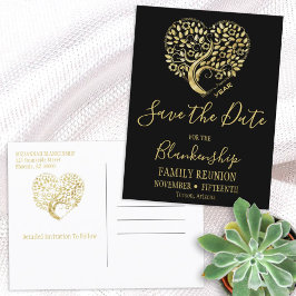 Family Wiedersehen Save the Date Goldener Herzbaum Ankündigungspostkarte