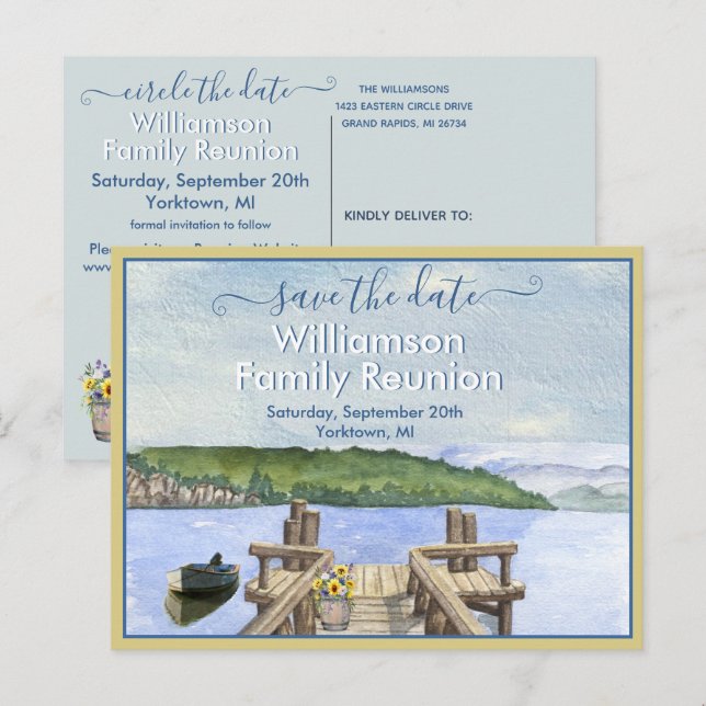 Family Wiedersehen Save the Date Lake Dock QR Code Ankündigungspostkarte (Vorne/Hinten)