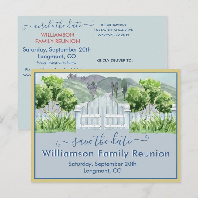Family Wiedersehen Save the Date QR-Code für Lands Ankündigungspostkarte (Vorne/Hinten)