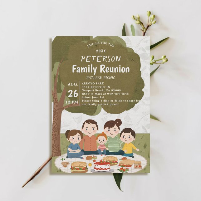 Family Wiedersehen Spring Summer Fall Potluck Picn Einladung (family reunion invitation potluck picnic cute illustration watercolor modern simple fun)