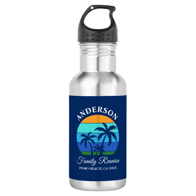 Family Wiedersehen Summer Beach Palm Trees Blue Edelstahlflasche (Vorderseite)