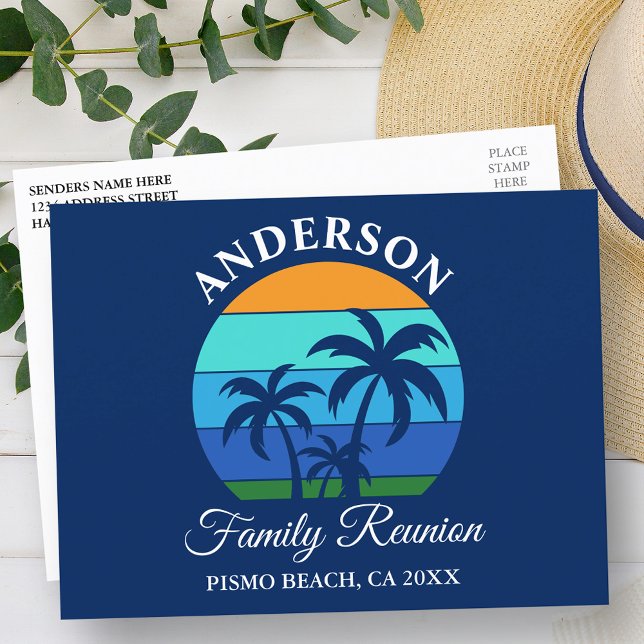 Family Wiedersehen Summer Beach Palm Trees Blue Postkarte (Customize to change text size, style or color.)
