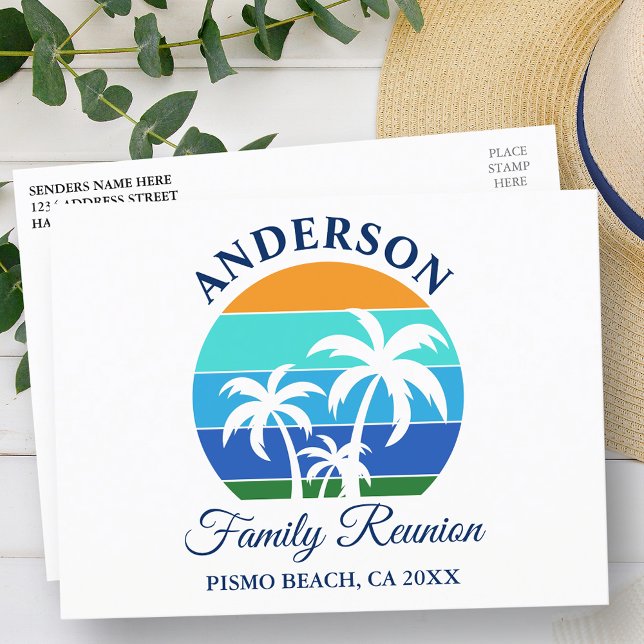 Family Wiedersehen Summer Beach Palmen Postkarte (Customize to change text size, style or color.)