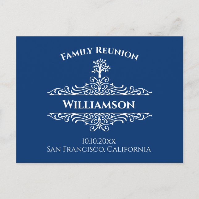 Family Wiedersehen Tree Save the Date blau Postkarte (Vorderseite)