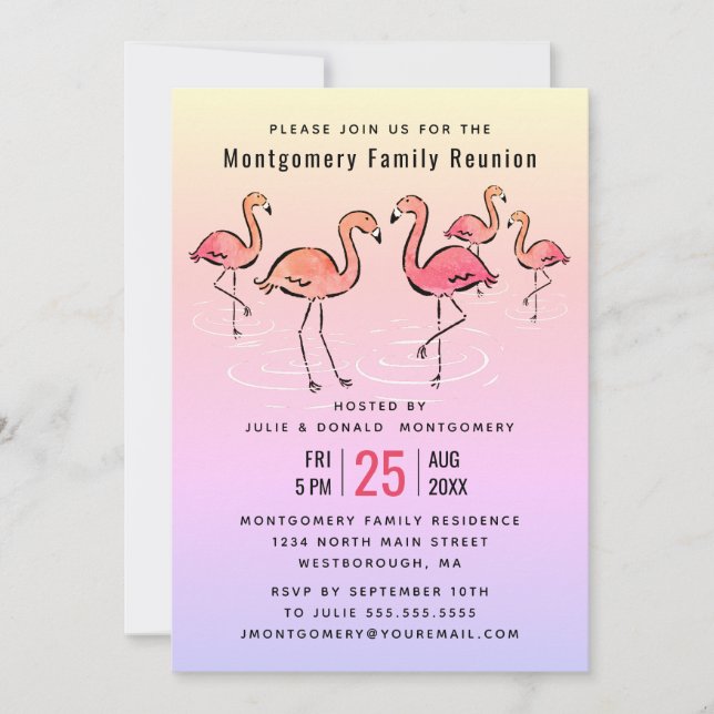 - Family Wiedersehen Tropical Watercolor Flamingo Einladung (Vorderseite)