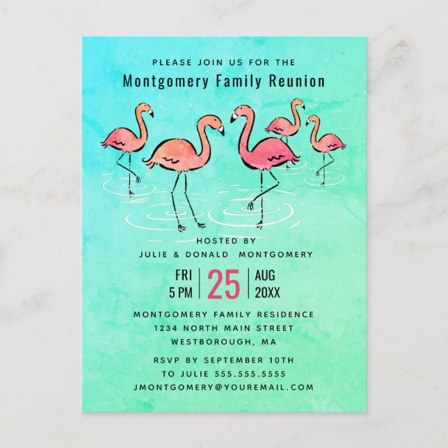- Family Wiedersehen Tropical Watercolor Flamingo Einladungspostkarte (Vorderseite)