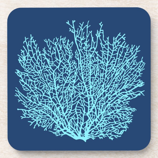 Fan Coral Print, Aqua on Deep Cobalt Blue Untersetzer (Vorderseite)