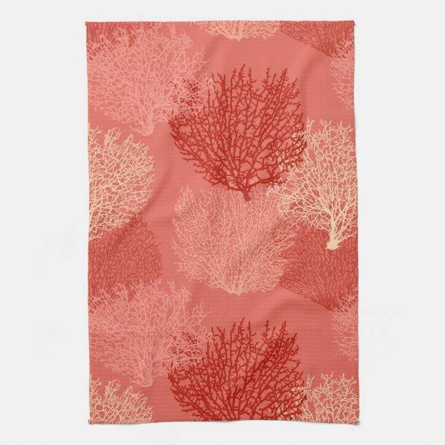 Fan Coral Print, Shades of Coral Orange Geschirrtuch (Vertikal)