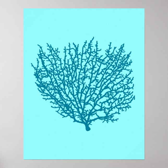 Fan Coral Print, Türkis auf einem Aquarell Poster (Vorne)