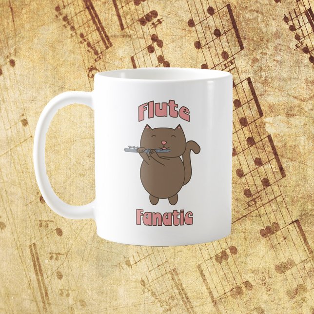 Fanatic Pink Brown Cat Kaffeetasse (A mug with the words Flute Fanatic and a brown cat playing the flute!)