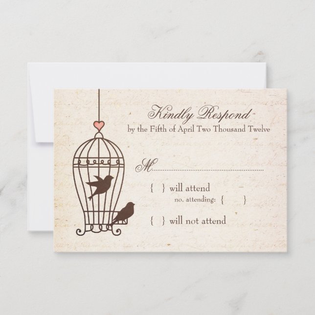 Fanciful Bird Cage - Pink & Chocolate Wedding RSVP Karte (Vorderseite)