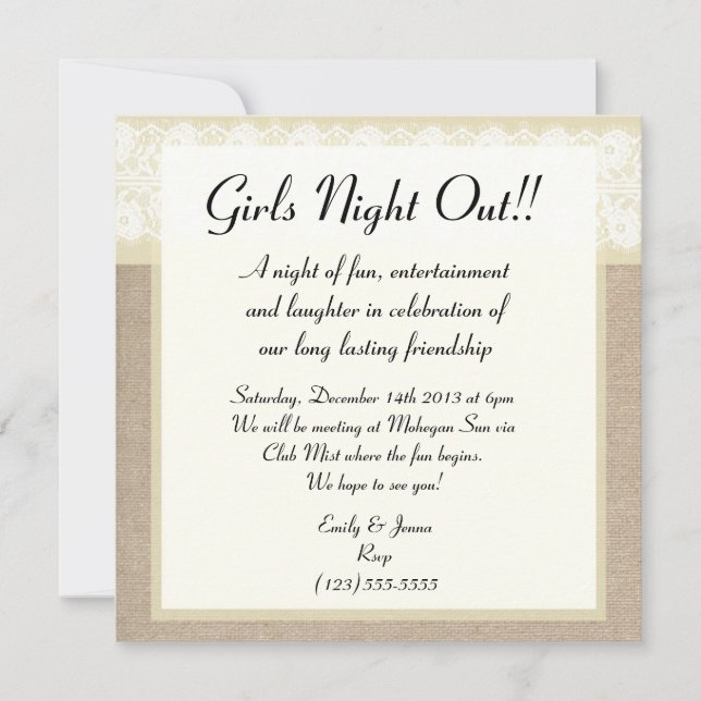 Fancy Beige Burlap Girls Night Out Invitation (Devant)