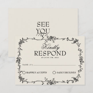 Fancy Black Cream Floral Boho Wedding RSVP