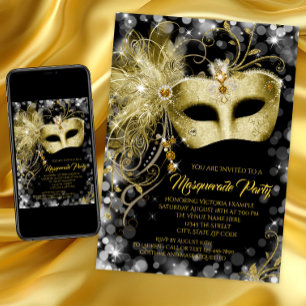 Fancy Black Gold Glitter Maskenball Einladung