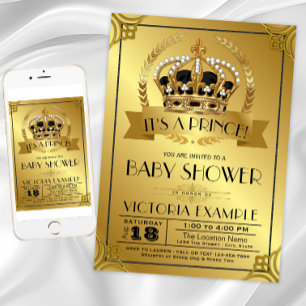 Fancy Black Gold Prince Baby Shower Invitations