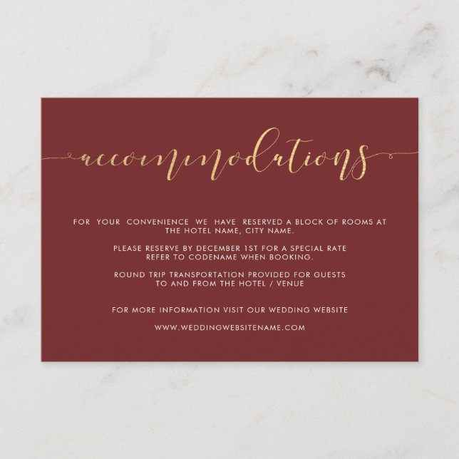 Fancy Burgundy & Gold Mariage Cartes d'hébergement (Devant)