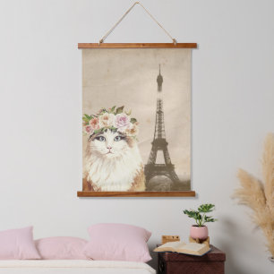 Fancy Cat & Eiffel Tower Wandteppich Mit Holzrahmen