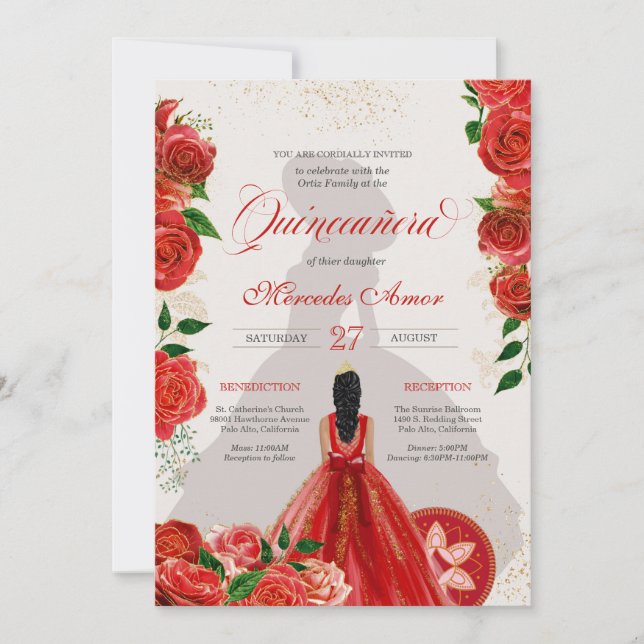 Fancy Charro Red Roses Quinceanera Invitation (Devant)