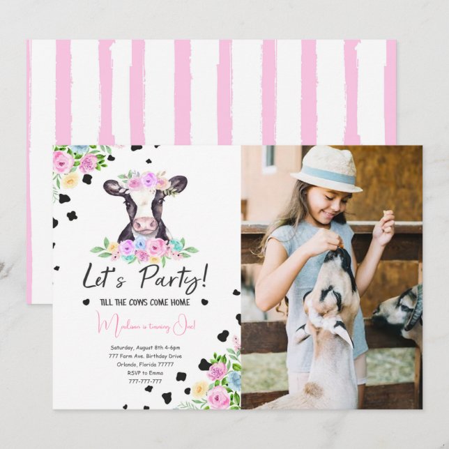 Fancy Font Cow Anniversaire Photo Invitation (Devant / Derrière)