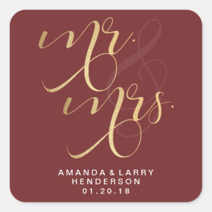 Fancy Gold Mr und Mrs Hochzeitsaufkleber Quadratischer Aufkleber
