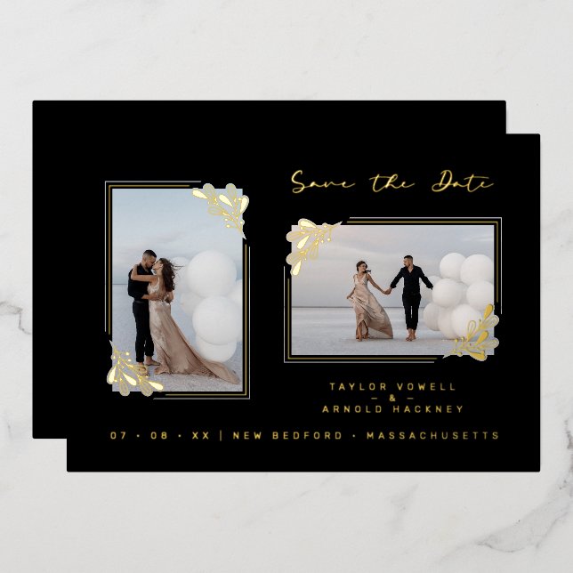 Fancy Golden Minimalist Branches 2 Photos Wedding Folieneinladung (Vorderseite/Rückseite)