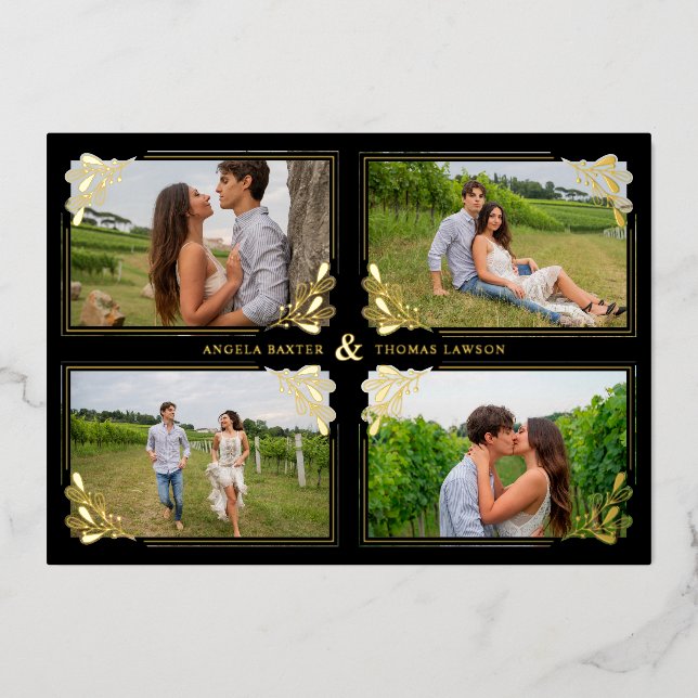 Fancy Golden Minimalist Branches Frame 4 Photos Folieneinladung (Vorderseite)