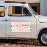 Fancy Just Married Sign Auto Magnet<br><div class="desc">An elegant design with florals for the honeymoon getaway car. Choose your own background color.

Some artwork by Opia Designs Studio.</div>