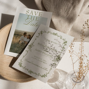 Fancy Olivgrün Weiße Florale Alte Foto Hochzeit Save The Date
