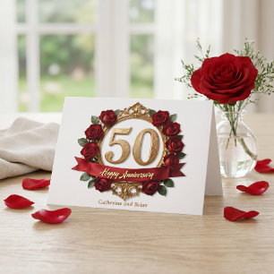 Fancy rote Rosen-Gold-Ornamentrahmen 50. Hochzeits Karte