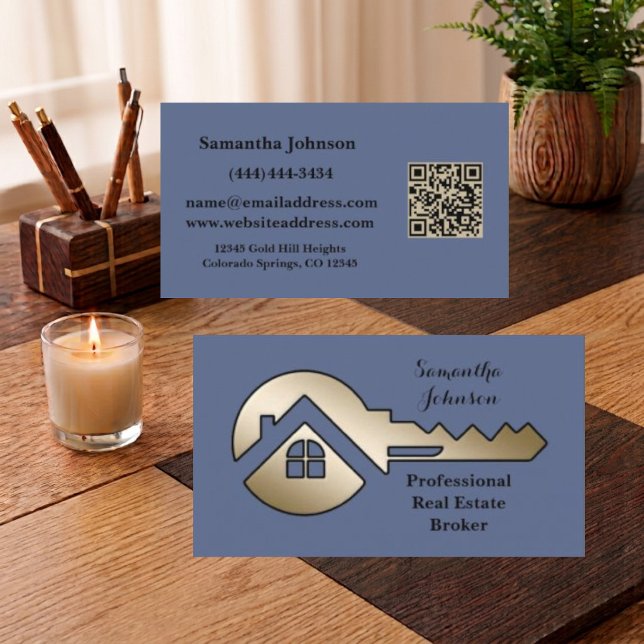 Fancy Schieferblau mit Gold-Schlüssel-QR-Code Immo Visitenkarte (Von Creator hochgeladen)
