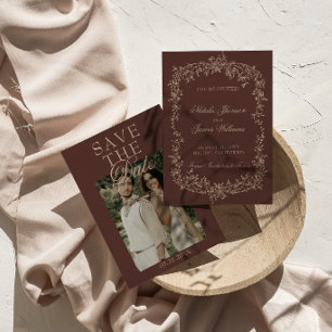 Fancy Schokoladenbraun Beige Blumenfoto Hochzeit Save The Date
